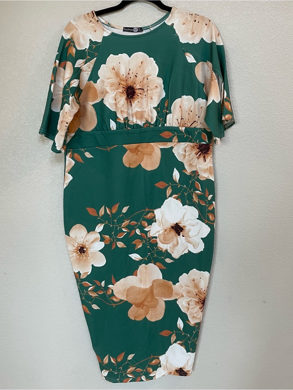 Boohoo Night Green Floral Sheath Dress 12 Knee Length Short Sleeve Round Neck